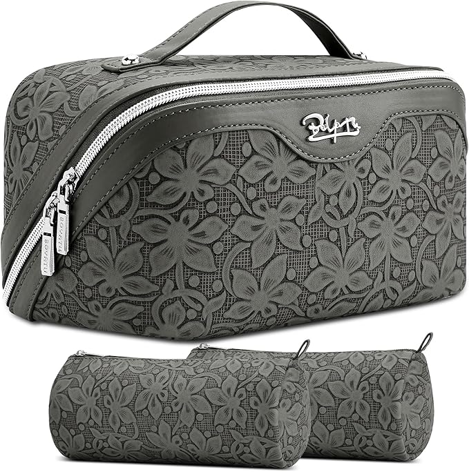 BOYATU Travel Makeup Bag Cosmetic Bags for Women: Large Capacity 3 Pcs Set Make up Bag with Compartments - Waterproof Vegan Leather Toiletry Organizer Bags with Handle (Z-62Grey)