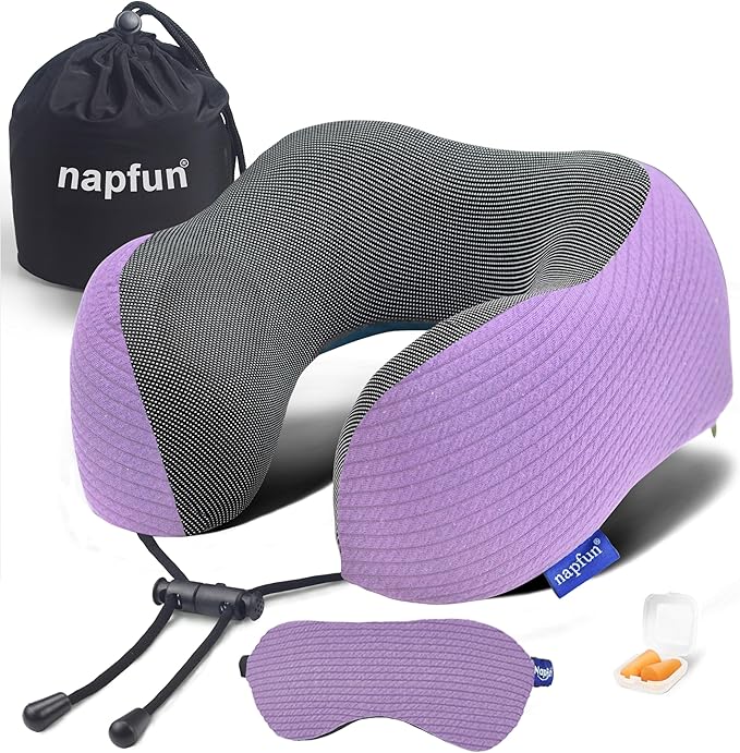 napfun Neck Pillow for Travel with Travel Pouch, Sleep Mask & Earplugs, Memory Foam Airplane Pillow for Headrest Sleep with Eyeshades, Plane Essentials with Eye Blindfold, Light Purple Striped Kit