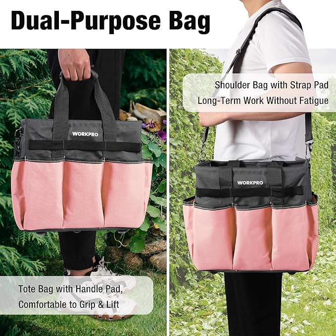 WORKPRO Garden Tool Bag, Heavy Duty Gardening Tote Bag Organizer with 10 Pockets and Long Adjustable Shoulder Strap, Standable Garden Home Tool Kits Organizer, Pink - Pink Ribbon