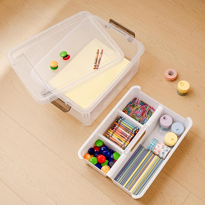 Citylife 17 QT Plastic Storage Bins Clear Storage Box with Removable Tray Stackable Latching Box with Handle for Oraganizing Tool, Craft, Office, Orange