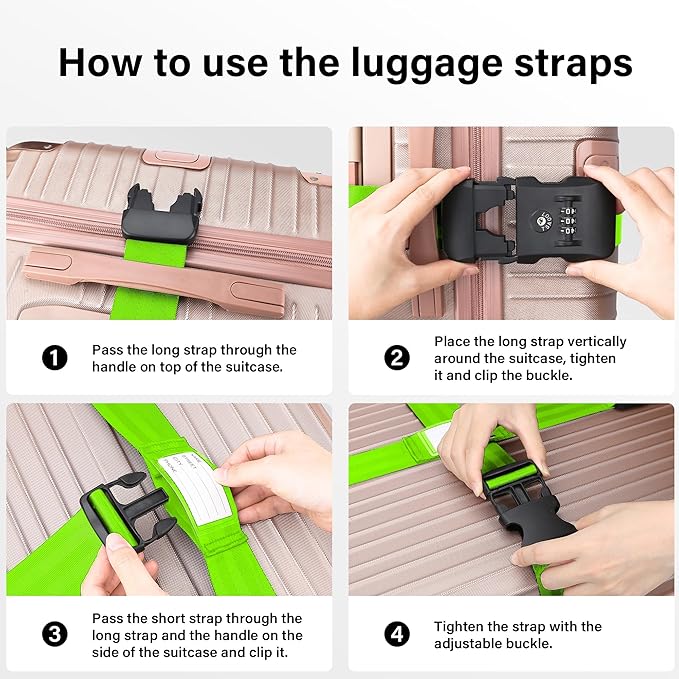 Luggage Straps, Green TSA Approved Luggage Strap Belt with Combination Lock for Suitcases, 2 Pack Adjustable Heavy Duty Cross Suitcase Straps with Name Tags for Travel, Carry On Bags, Protect Luggage