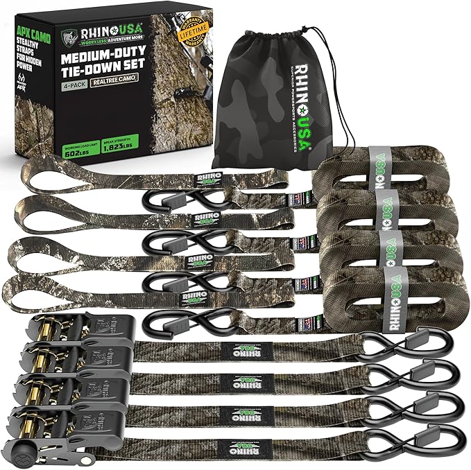 Rhino USA x Realtree Ratchet Straps Tie Downs (4PK) - 1" x15' (1,823lb Break Strength) - Ultimate Tie Down Straps with Safety S Hooks - for Trucks, Cargo, Moving, Appliances- Realtree APX Camo