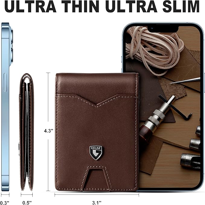 GSOIAX Slim Wallet for Men Rfid Blocking Leather Bifold Front Pocket Carbon Fiber Credit Card Holder Novelty Wallets With Gift Box (Leather Coffee)