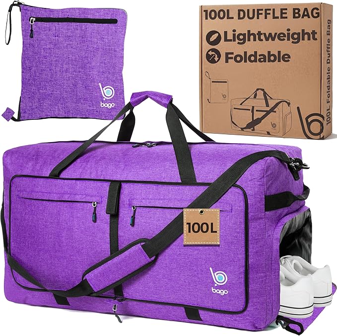 Bago Large Duffle Bag for Travel Women & Men. Durable Lightweight Foldable Travel Duffel Bags For Traveling Women. 100L Duffle Bags for Overnight Bag With Shoe Compartment Collapsible Weekender duffel