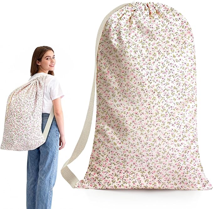 College Laundry Bag 29"×18", Waterproof Dirty Clothes Bag with Handles & Locking Drawstring, Large Capacity Floral Laundry Backpack for Dorm, Laundromat, Apartment, Travel & Camping (Pink)