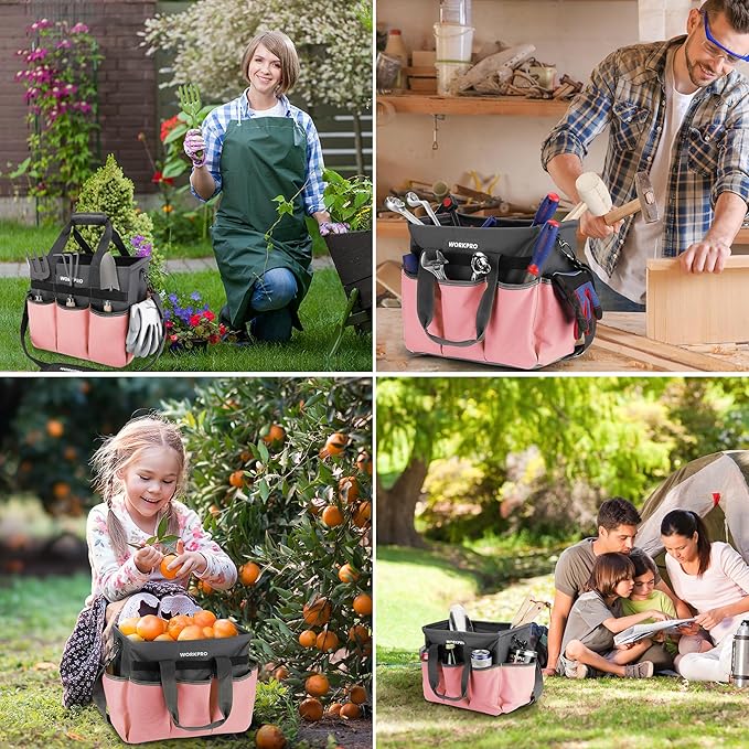 WORKPRO Garden Tool Bag, Heavy Duty Gardening Tote Bag Organizer with 10 Pockets and Long Adjustable Shoulder Strap, Standable Garden Home Tool Kits Organizer, Pink - Pink Ribbon