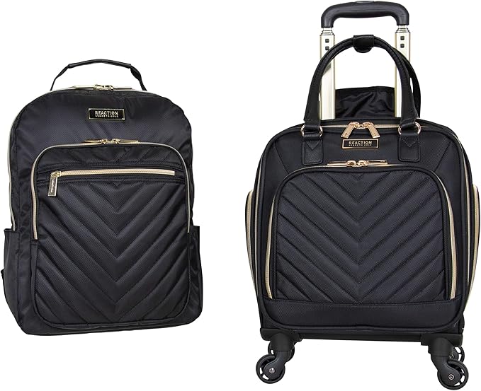 Kenneth Cole REACTION Chelsea 2-Piece Bundle - 17" 4-Wheel Spinner Underseat Carry-On Luggage & Matching 15" Laptop Backpack, Black