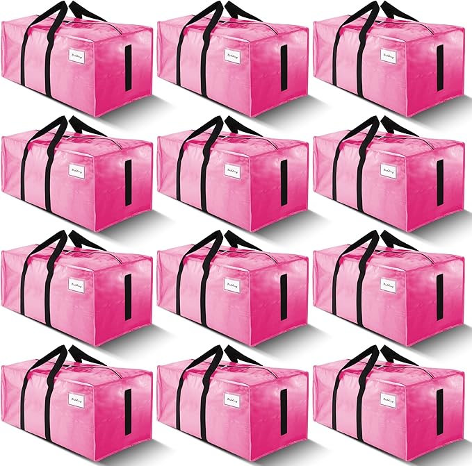 12 Pack Large Strong Moving Bags with Zippers & Carrying Handles - Water-Resistant - Heavy Duty Storage Tote for Space Saving, Fold Flat, Alternative to Moving Box (Pink)