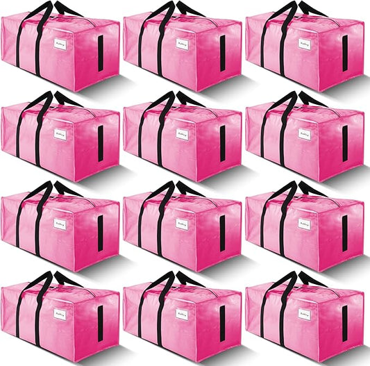 12 Pack Large Strong Moving Bags with Zippers & Carrying Handles - Water-Resistant - Heavy Duty Storage Tote for Space Saving, Fold Flat, Alternative to Moving Box (Pink)