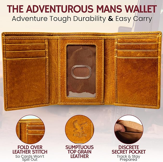 BULL GUARD Best Leather Men's RFID Trifold Wallet With ID Great Outdoor Wallet
