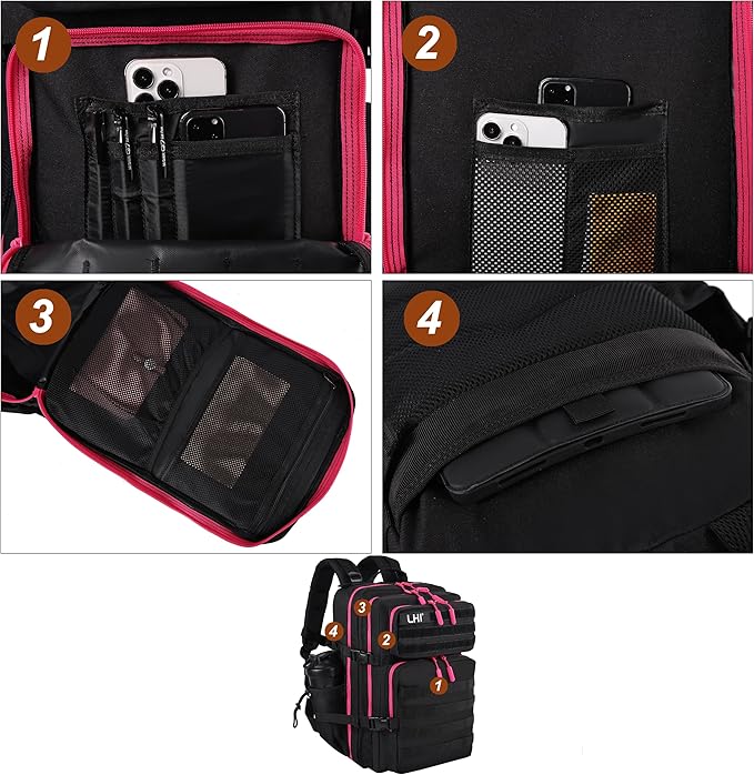 LHI Military Tactical Backpack for Men and Women 45L Army 3 Days Assault Pack Bag Large Rucksack with Molle System - Black with red zipper