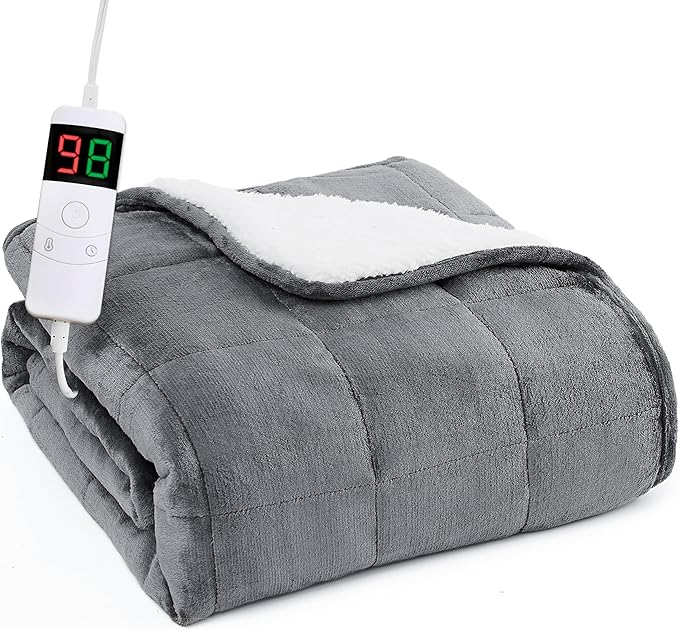 L'AGRATY Heated Weighted Blanket for Adults - 62"x84" 20lbs Electric Throw Fast Heating Heavy Blanket 1/2/4/6/8 Hour Auto Off 10 Heat Levels Over-Heat Protection Soft Flannel Sherpa