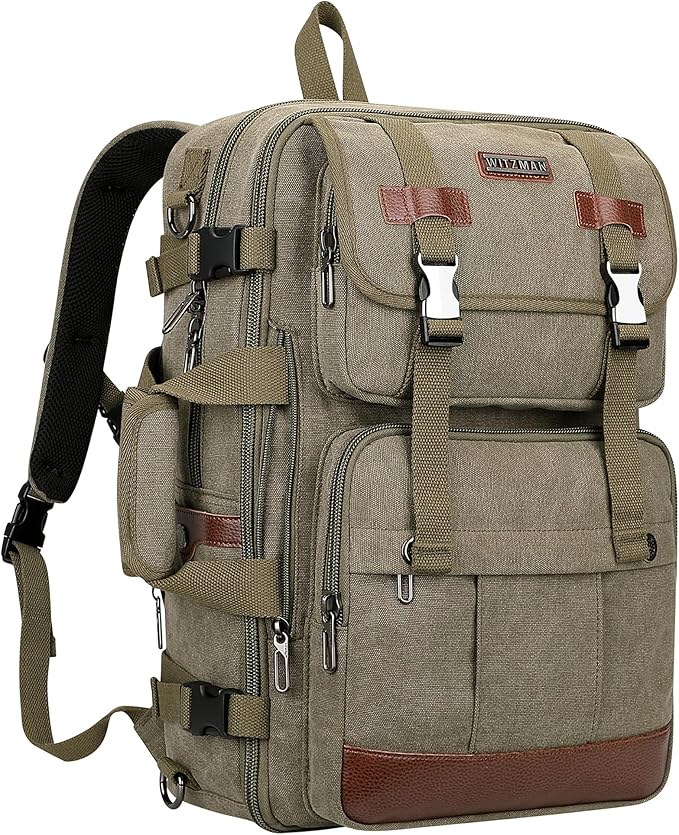 WITZMAN Canvas Travel Backpack for Men Large Laptop Backpack Fit 16 inch Carry-on Airline Approved Convertible Shoulder Rucksack(A6617-3 Army Green)
