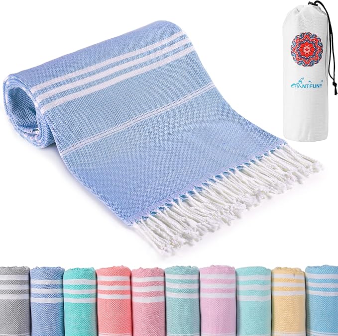 Turkish Beach Towels Vacation Essentials with Bag Quick Dry Sand Free Soft Absorbent Adult Bath Pool Swim Long Wide Stripe Towel Cloud Linen Sandfree Mat Summer Thing Lightweight Thin Travel Blue