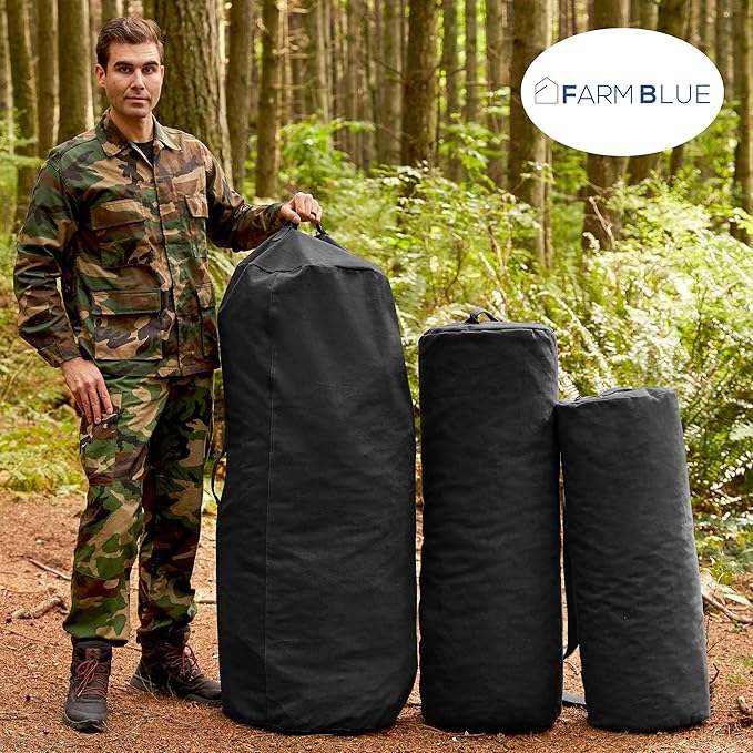 Farm Blue GI Style Zipper Duffel Bag - Large Heavy Duty Army Duffle Bag - Military Grade Cotton Canvas Duffel Bag - Reinforced Camping Bag - Strong Zipper, Center Grab Handle –21” x 36” - Black