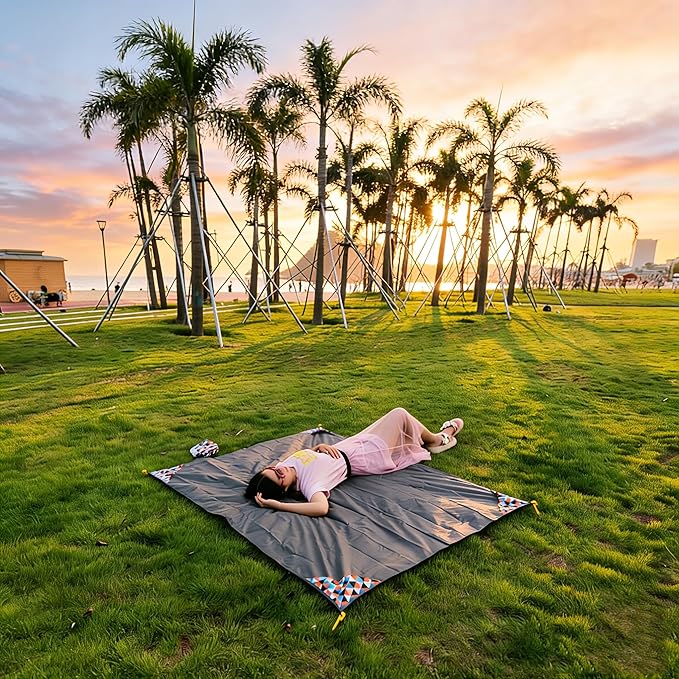 Pocket Blanket 71"x55", Lightweight Compact Sandproof Waterproof Outdoor Blanket for Beach, Hiking, Camping, Travel, Festivals, Picnic with Pockets, Loops, Stakes, Carabiner