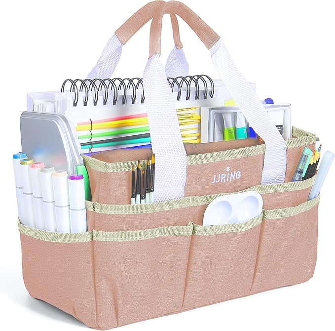 JJRING Craft Organizer Tote Bag, Art Storage Caddy with Multiple Pockets, Beige Sewing Bag for Art, Craft, Scrapbooking, School, Medical, and Office Supplies Storage