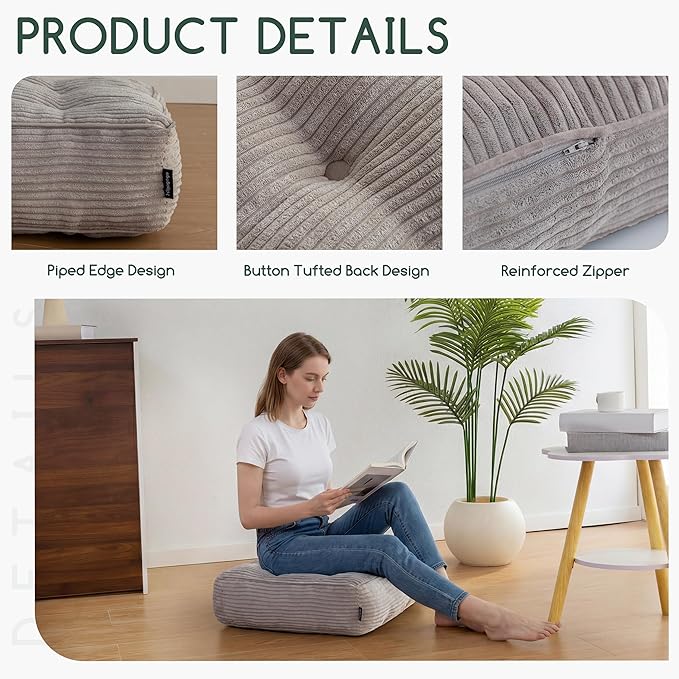 HIGOGOGO Tufted Corduroy Recliner Seat Cushion for Elderly, 20x20x6 Inch Extra Large Square Seat Cushion for Recliner Chair, Floor Pillow, Office Chair, Car, No Pressure on Thighs, Grey