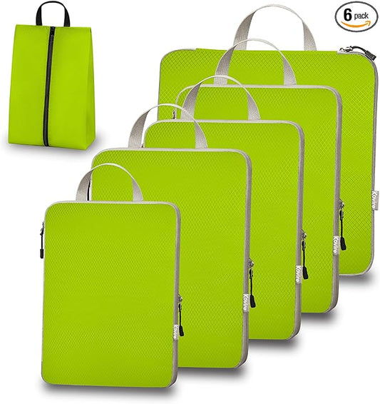 Compression Packing Cubes for Travel, Set of 6 Expandable Luggage Organizers with Shoe Bag, Lightweight Water-Resistant Suitcase Essentials for Carry-on & Checked Luggage, Green