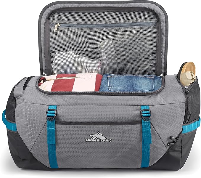 High Sierra Fairlead Convertible Duffel Bag, Lightweight and Durable Weekender Duffel, easily converts into backpack, 64L Capacity, Steel Gray/Mercury/Blue