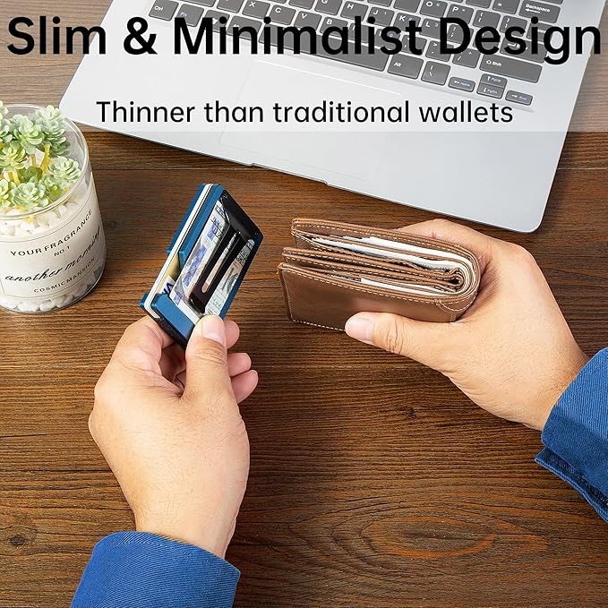 Carbon Fiber Minimalist Wallet for Men Credit Card Holder Money Clip & Cash Strap Slim RFID Mens Wallets(Matte Blue)