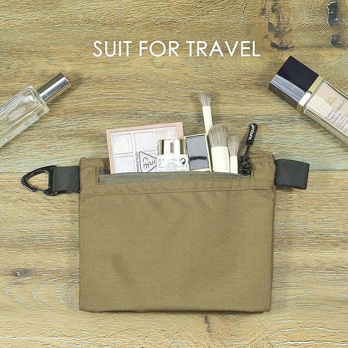 YUMQUA Water-Resistant Zipper Pouch with Carabiner Clip, Small Nylon Multipurpose Travel Digital Cosmetics Toiletry Bag Tool Storage Pouch, Khaki