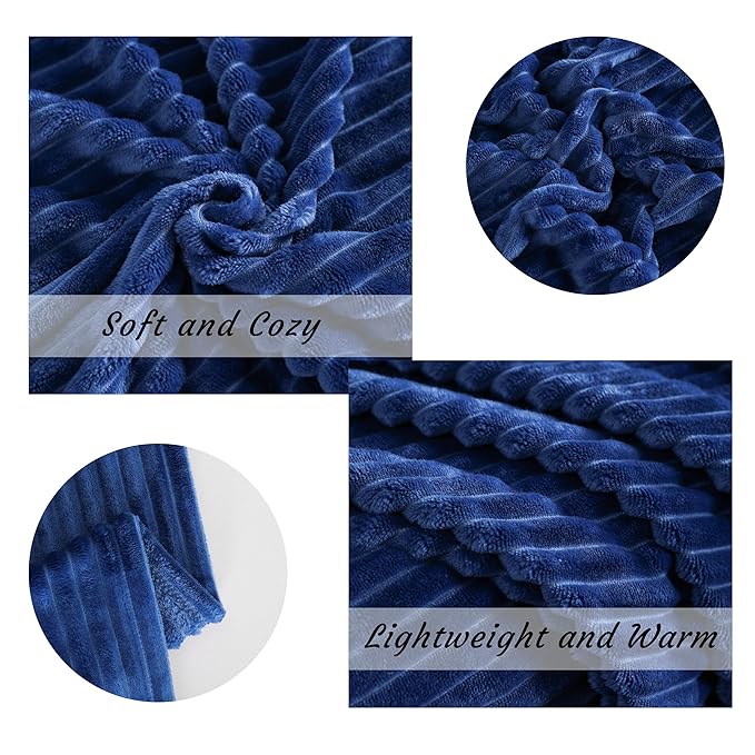 NTBAY Plush Flannel Twin Bed Blanket, 60X80 Inches Soft and Warm Lightweight Blanket with Striped Texture Bed Blanket for Couch Sofa Bed All Seasons, 60"x80", Navy Blue
