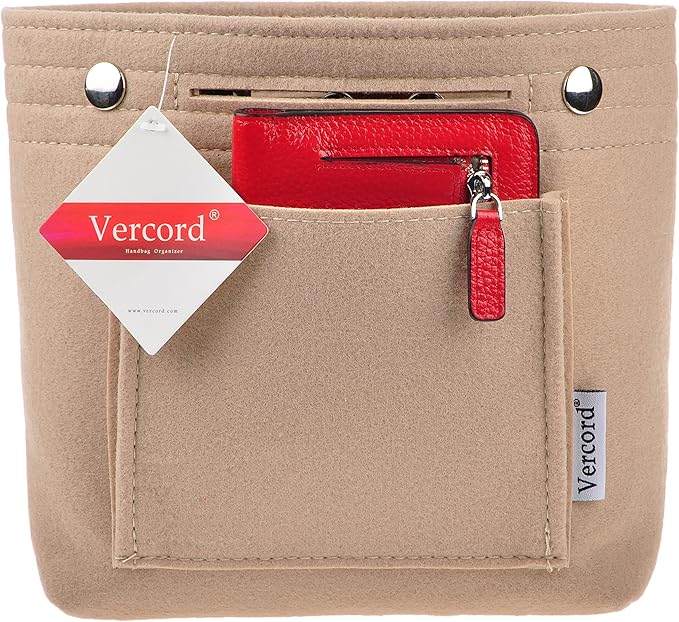 Vercord Mini Slim Small Felt Purse Organizer Insert Inside Handbag Tote Pocketbook for Women Beige
