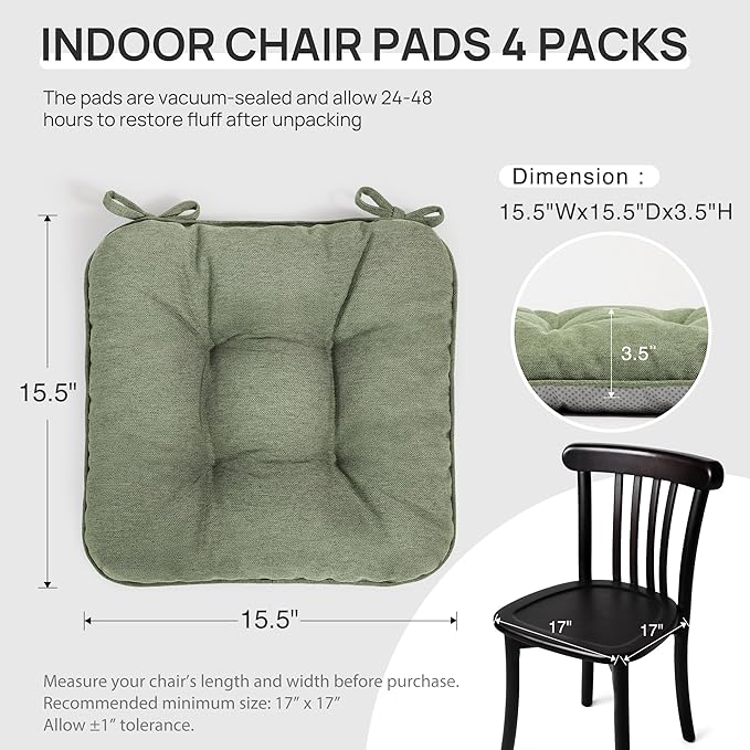 Love's cabin Memory Foam Chair Cushions Set of 4, 15.5"x15.5"x3.5" Indoor & Outdoor Seat Pads for Dining, Kitchen, Office, Patio Chairs - Green