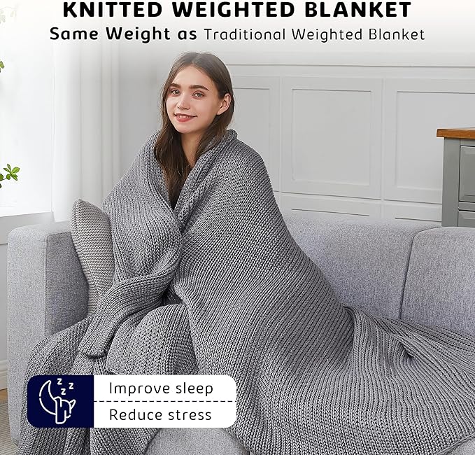 L'AGRATY Knitted Weighted Blanket - 50"x60" 7lbs Cooling Chunky Knit Heavy Blanket for Adults Braided Crochet Throw Thick Cable Yarn Knit Decorative No Beads Evenly Weighted Machine Washable