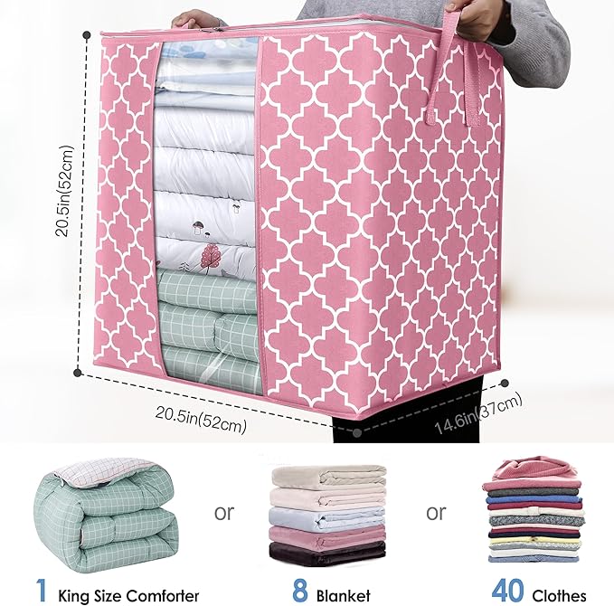 WISELIFE Storage Bags 3 Pack/100L Large Blanket Clothes Organization and Storage Containers for Comforters,Bedding, Foldable Organizer with Reinforced Handle, Clear Window, Sturdy Zippers,Pink