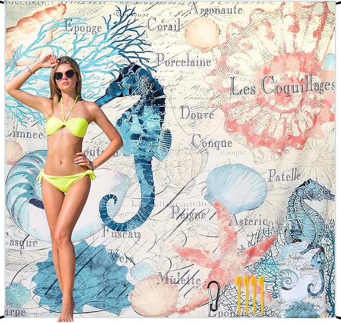Beach Blanket Waterproof Sandproof Beach Mat for 1-8 Adults Quick Drying Durable Outdoor Picnic Mat for Beach Festival Travel Camping Hiking (Vintage-Seahorses, 79"×83"(4 Person))