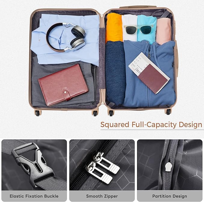 24 Inch Checked Suitcase with TSA Lock Travel Duffel Bag Wet-Dry Toiletry Bag, Golden