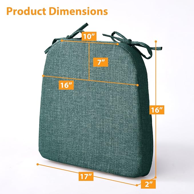 Chair Cushions for Dining Chairs, 2" Thick Seat Cushions for Kitchen Chairs, D-Shaped Chair Pads with Washable Cover, Ties and Non Slip Backing, 17'' x 16'', Set of 6, Green