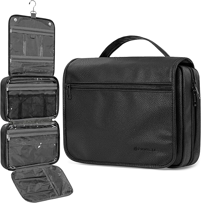 PAVILIA Hanging Toiletry Bag Women Men, Foldable Cosmetic Organizer Travel Bag, Water Resistant Makeup Bag Toiletries, Large Travel Essentials Kit (Black)