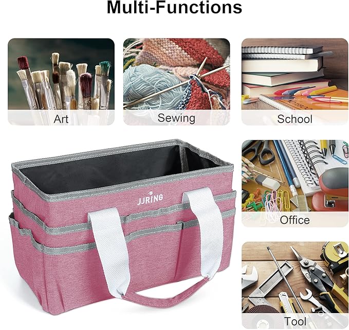 JJRING Craft Organizer Tote Bag, Art Storage Caddy with Multiple Pockets, Pink Sewing Bag for Art, Craft, Scrapbooking, School, Medical, and Office Supplies Storage