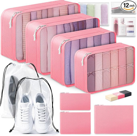 ALL INCLUDED - 12 Set Packing Cubes for Suitcases Carry On, Travel Essentials/Accessories Luggage Organizer Bags Set, Includes Cubes, Shoes Bag, Matte Cosmetic Bag, Zipper Bags