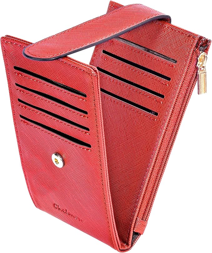 Chelmon Womens Wallet Slim RFID Blocking Bifold Multi Card Case Wallet with Zipper Pocket (Red)