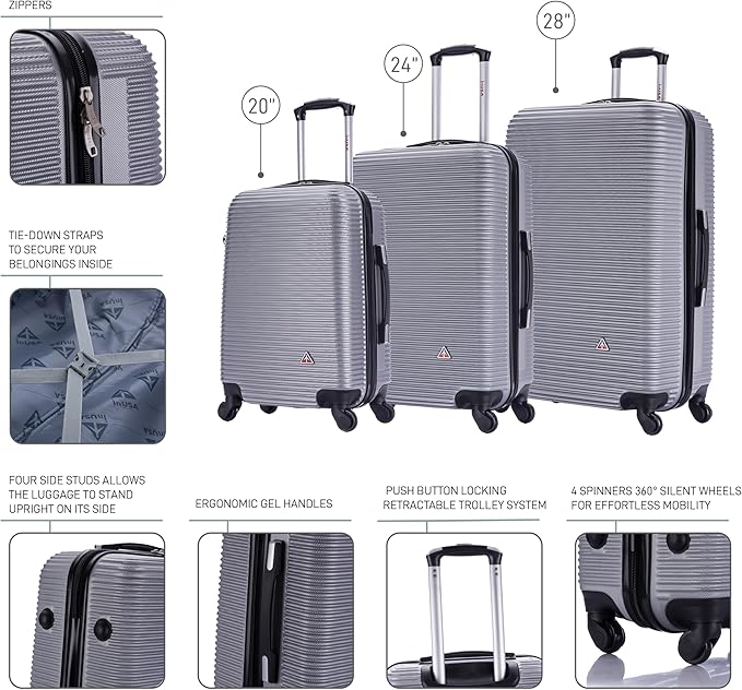 InUSA ROYAL Hardside Luggage Set with Spinner Wheel | Spacious Travel Suitcases with Ergonomic GEL Handle and Studs | (20/24/28) 3 Piece Luggage Set | Silver