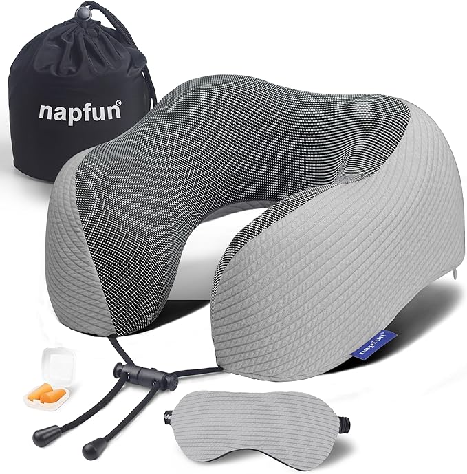 napfun Neck Pillow for Travel with Travel Pouch, Sleep Mask & Earplugs, Memory Foam Airplane Pillow for Headrest Sleep with Eyeshades, Plane Essentials with Eye Blindfold, Light Gray Striped Kit