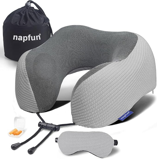 napfun Neck Pillow for Travel with Travel Pouch, Sleep Mask & Earplugs, Memory Foam Airplane Pillow for Headrest Sleep with Eyeshades, Plane Essentials with Eye Blindfold, Light Gray Striped Kit