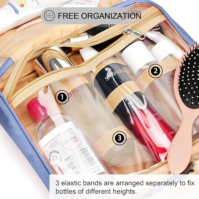 Travel Hanging Toiletry Bag for Women, Cruise Ship Essentials, with Jewelry Organizer, Extra Large Makeup Dopp Kit, Waterproof Cosmetic Bags, Toiletries Kit Set with Trolley Belt, Blue