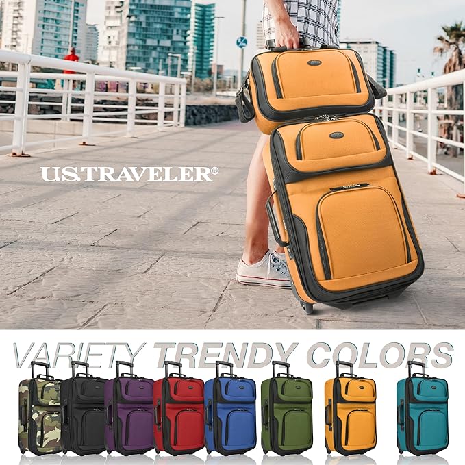 U.S. Traveler Rio Lightweight Softside Rolling Carry-on Suitcase, 2-Wheel Set, Orange