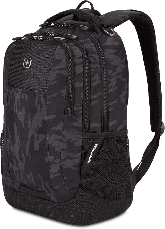 SWISSGEAR Cecil 18-Inch Laptop Backpack Fits 16-Inch Laptop, Travel Daypack with Organizer Pockets, Water Bottle Holders & Padded Straps – Black Cod/Camo
