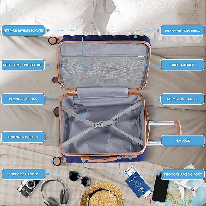 Flight Knight 24x16x10 Expandable Carry On Suitcase Hardside TSA Lock USB C Lightweight Luggage Silent Double Spinner Wheels Maximum Overhead Carry-On Bag For Virgin South West Approved Navy/Tan