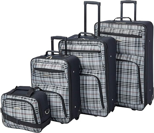 Rockland Fashion Softside Upright Luggage Set, Telescoping Handles, Black Plaid, 4-Piece (14/19/24/28)