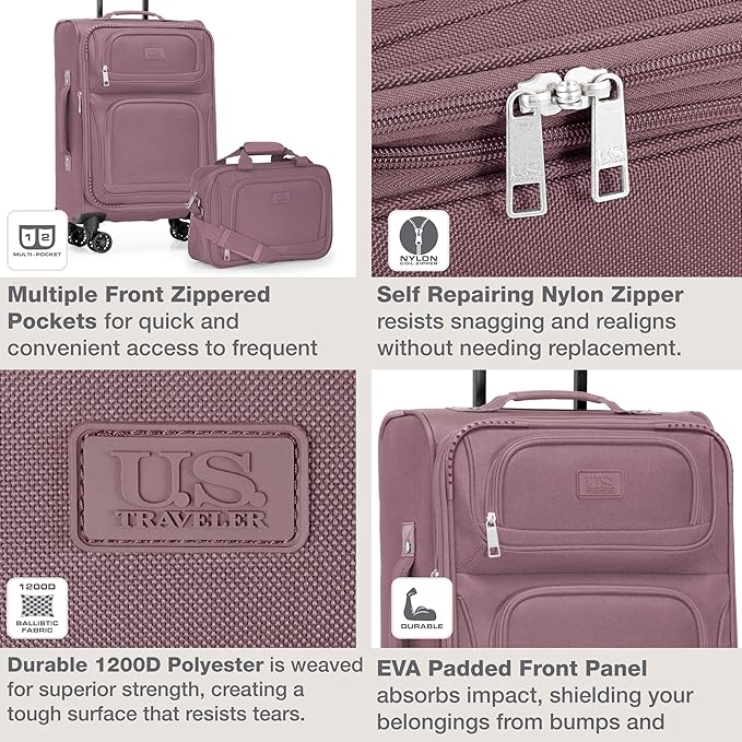 U.S. Traveler Rio Lightweight Softside Rolling Carry-on Suitcase, 4-Wheel Single, Mauve