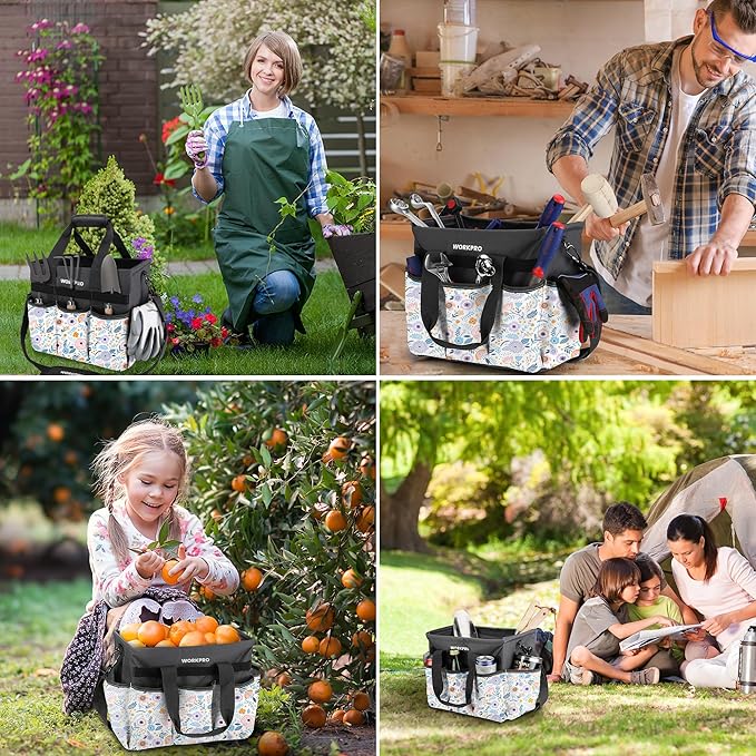 WORKPRO Garden Tool Bag, Heavy-Duty Gardening Tote Bag with 10 Pockets, Stand-Up Wide Mouth Tool Organizer, Adjustable Shoulder Strap, Large Capacity Storage – Floral White (Tools are not Included)