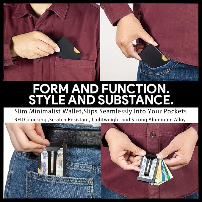 Carbon Fiber Minimalist Wallet for Men Credit Card Holder Money Clip & Cash Strap Slim RFID Mens Wallets(Patriot Eagle Flag)