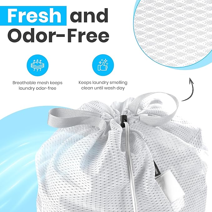 Large Mesh Laundry Bags - Heavy Duty with Handles & Drawstring - Machine Washable Net Laundry Sacks for College Dorm, Camp, Travel, Bedding & Clothes Storage (White)